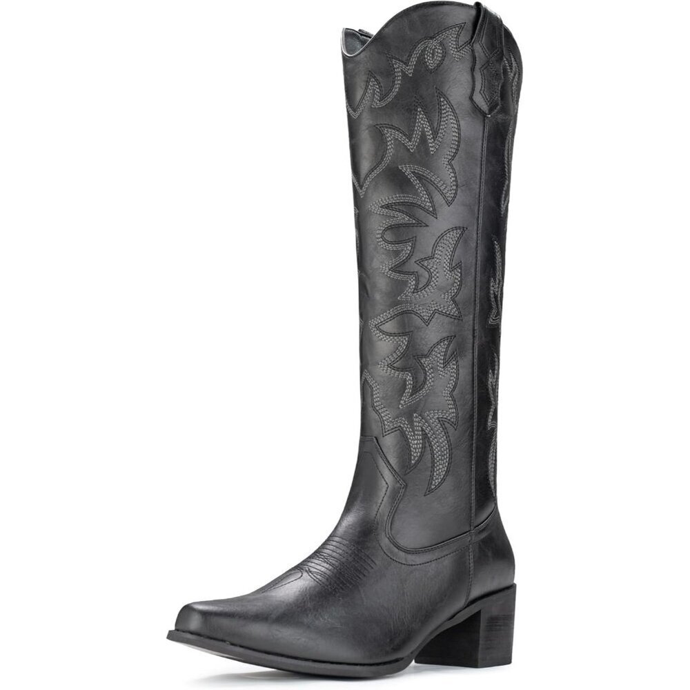 Women Faux Leather Black Side Zipper Chunky Heel Knee High Western Cowgirl Boots
